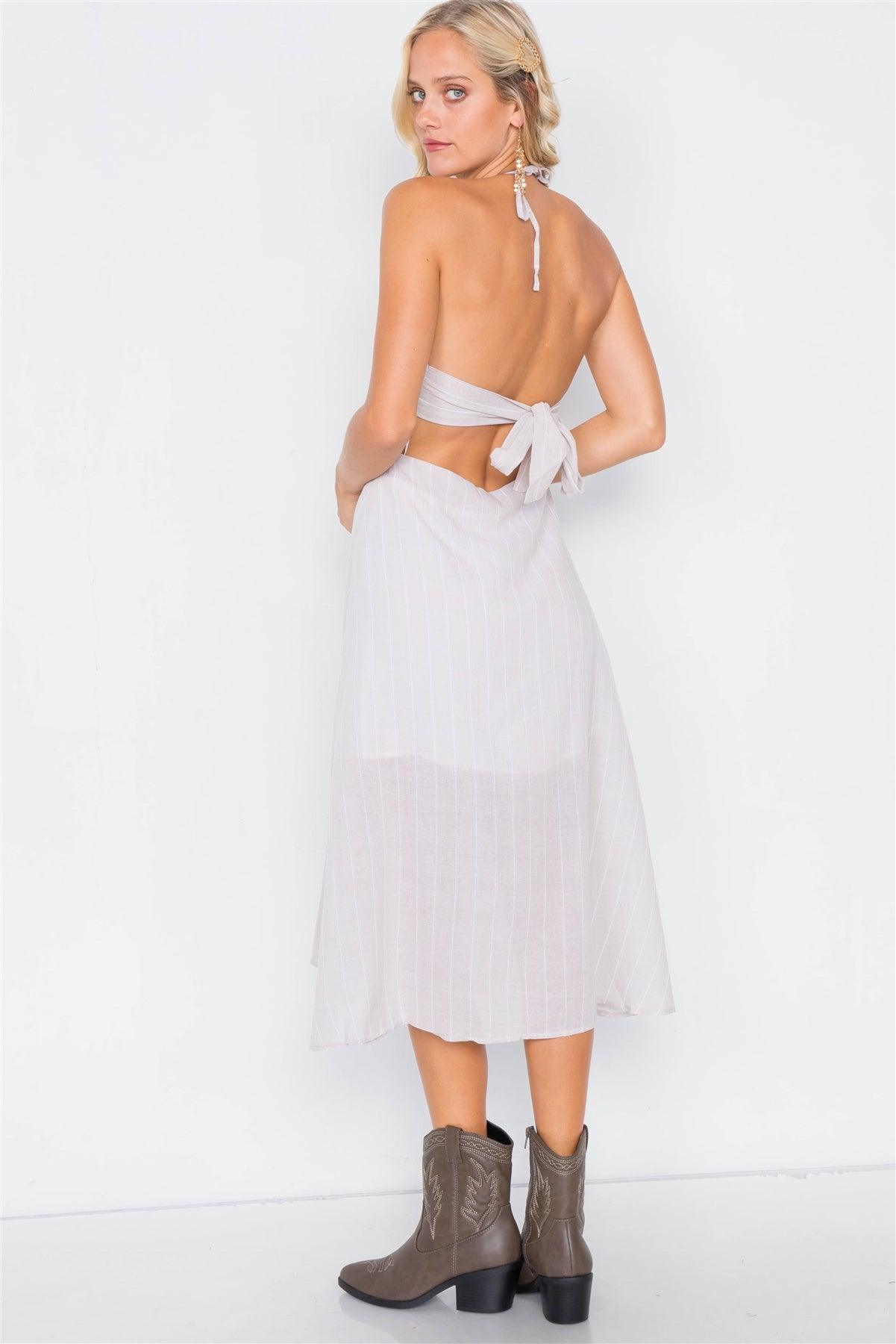 Sand Cotton Semi-Sheer Halter Stripe Midi Dress /3-2-1