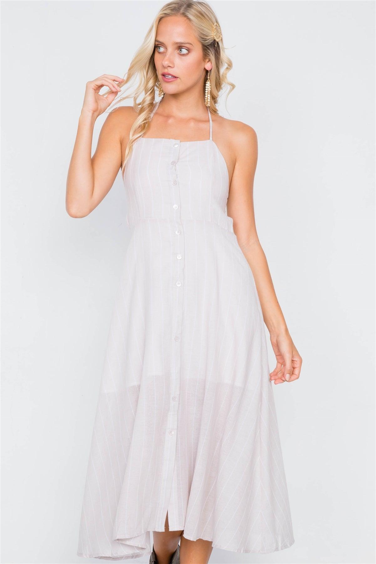 Sand Cotton Semi-Sheer Halter Stripe Midi Dress /3-2-1