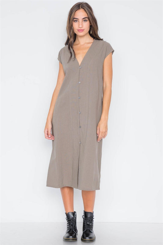 Field Grey Button Down Sleeveless Midi Dress