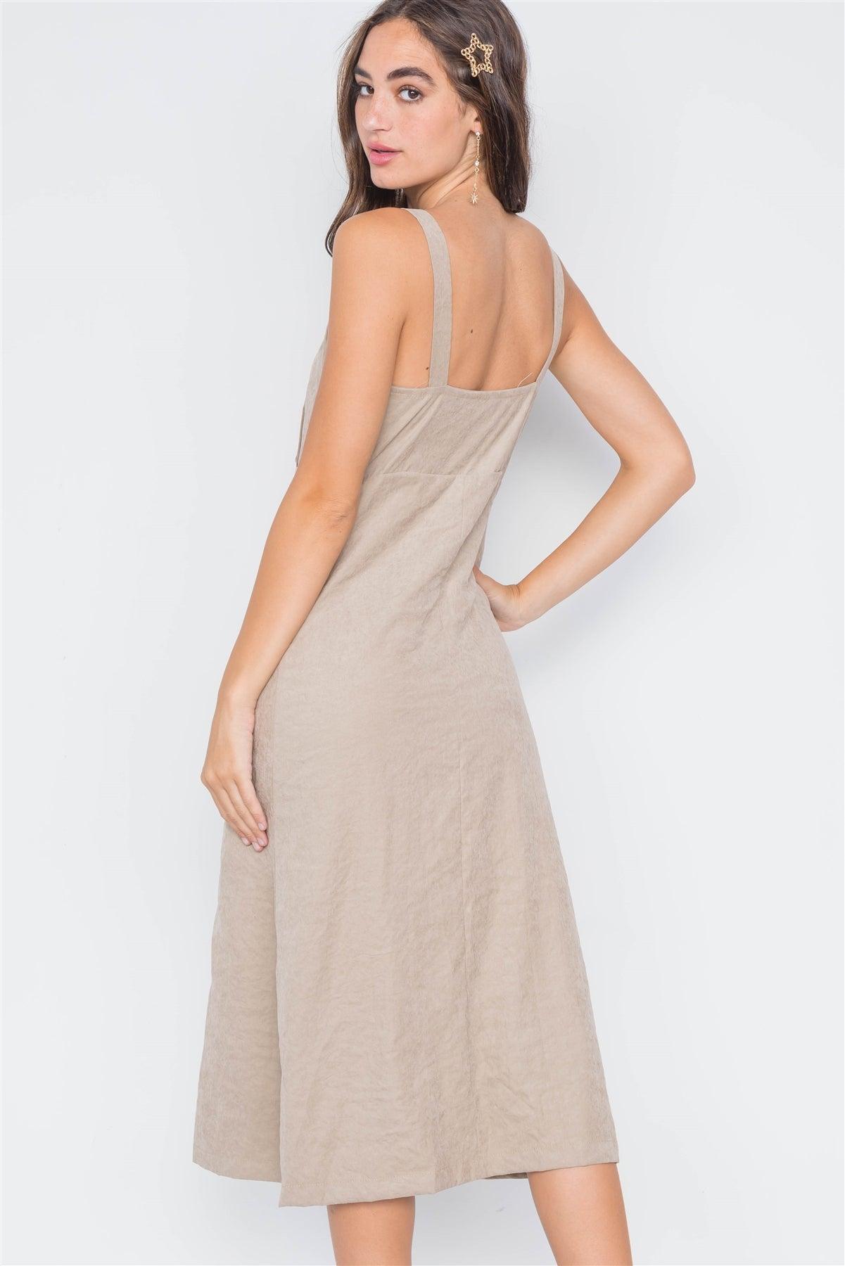 Sand Crushed Button-Front Midi Dress /3-2-1