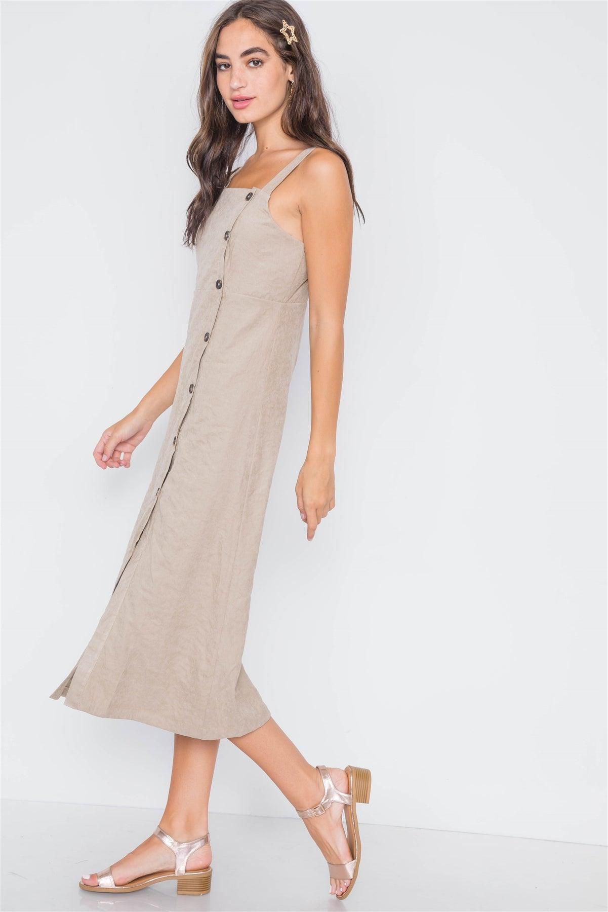 Sand Crushed Button-Front Midi Dress /3-2-1