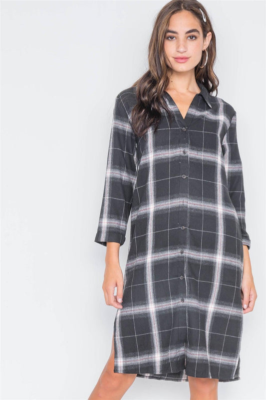 Black Plaid Button Down Casual Shirt Dress /3-2-1