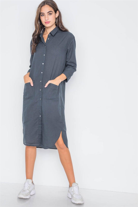 Dark Emerald Gingham Button Down Shirt Dress /3-2-1