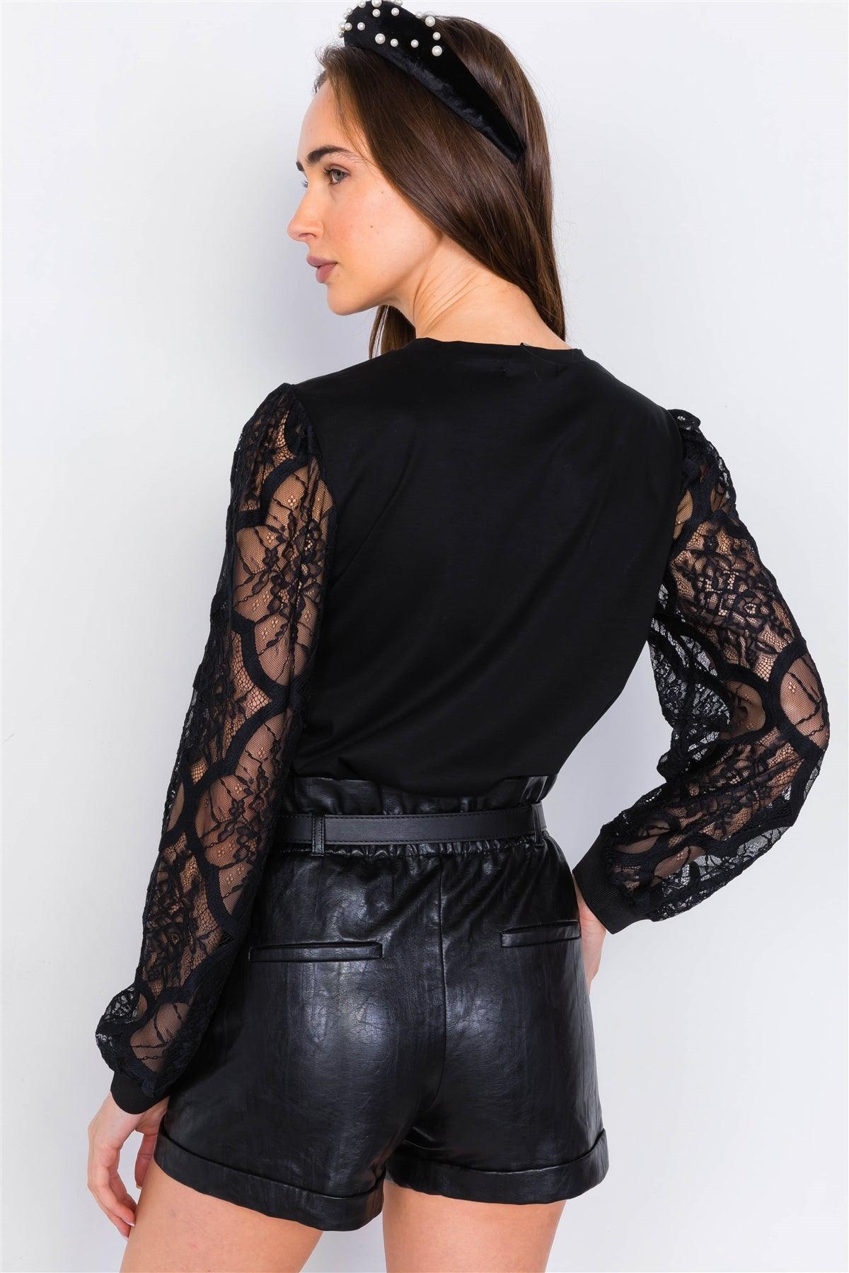 Black Lace Full Puff Sleeve Causal Office Chic Top /2-2-1-1