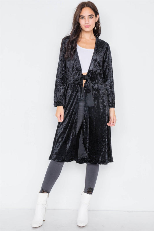 Black Crushed Velvet Open Front Tie Jacket /3-2-1