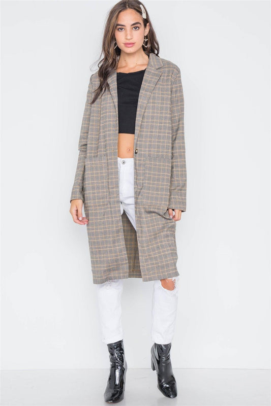 Bark Grey Plaid Single Button Long Sleeve Blazer /3-2-1