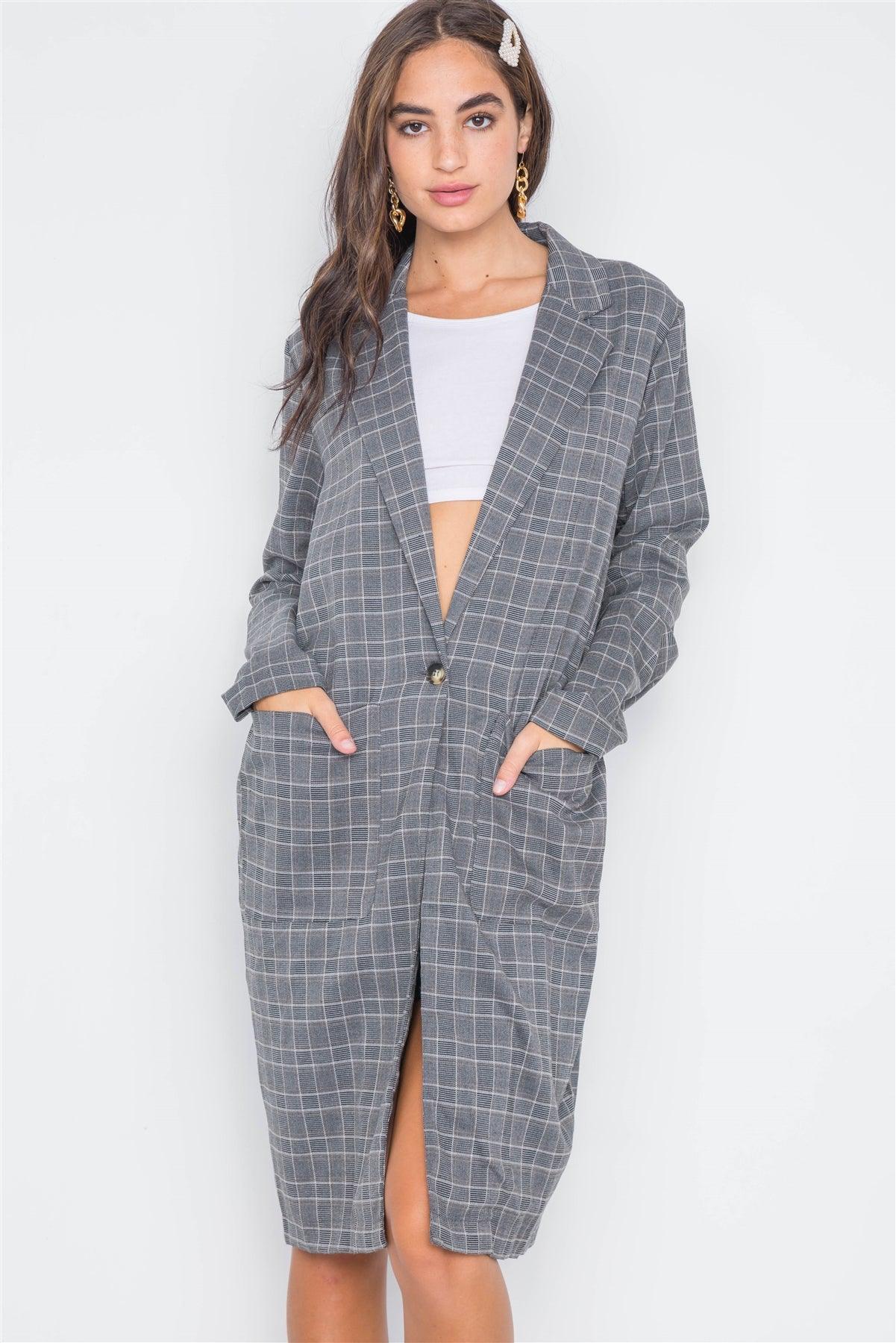 Umber Plaid Single Button Long Sleeve Blazer /3-2-1