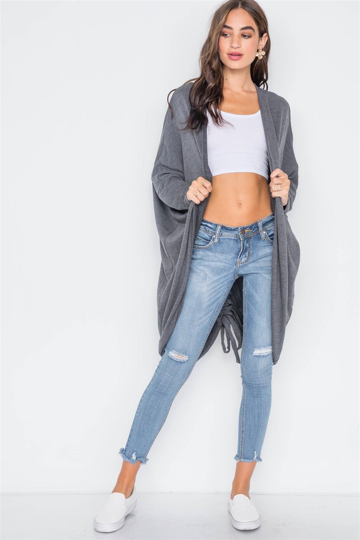 Charcoal Dolman Sleeves Circled Hem Cardigan / 3-2