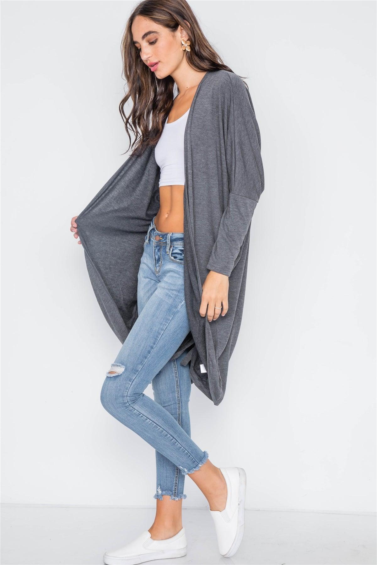 Charcoal Dolman Sleeves Circled Hem Cardigan / 3-2