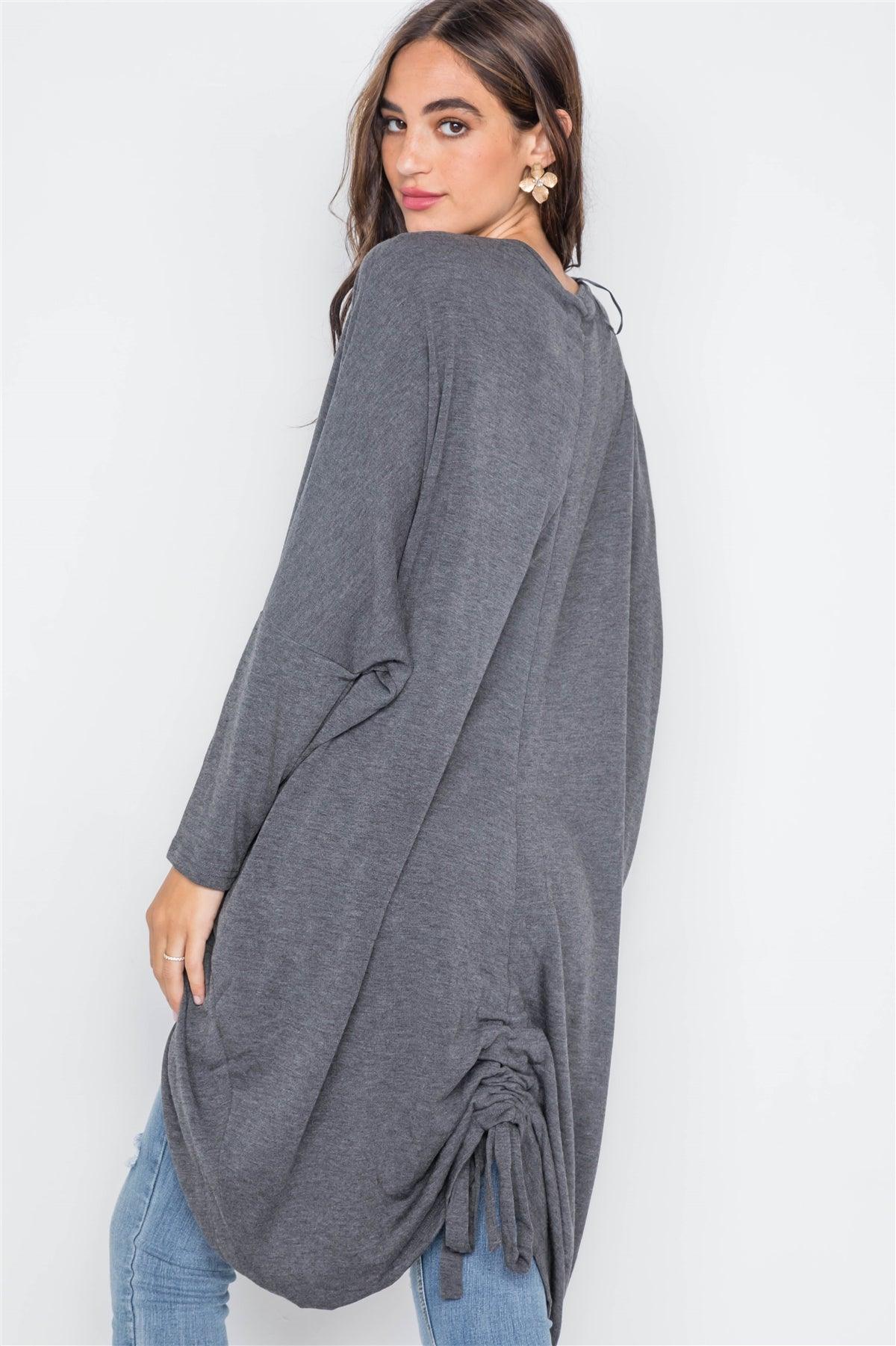 Charcoal Dolman Sleeves Circled Hem Cardigan / 3-2