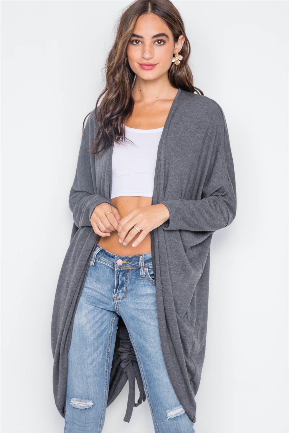 Charcoal Dolman Sleeves Circled Hem Cardigan / 3-2