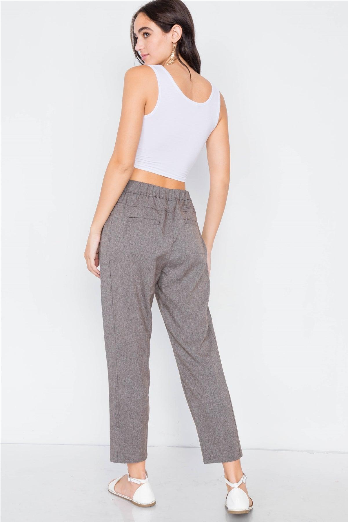 Grey Brown High Waist Pleated Cinched Stretchy Pant /3-2-1