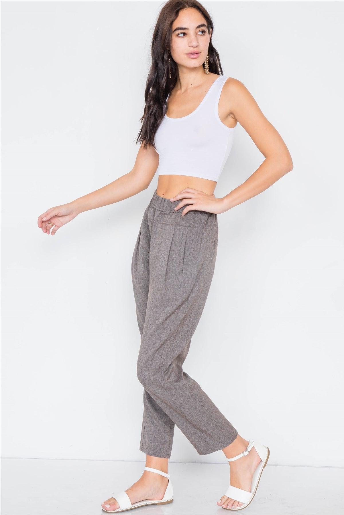 Grey Brown High Waist Pleated Cinched Stretchy Pant /3-2-1