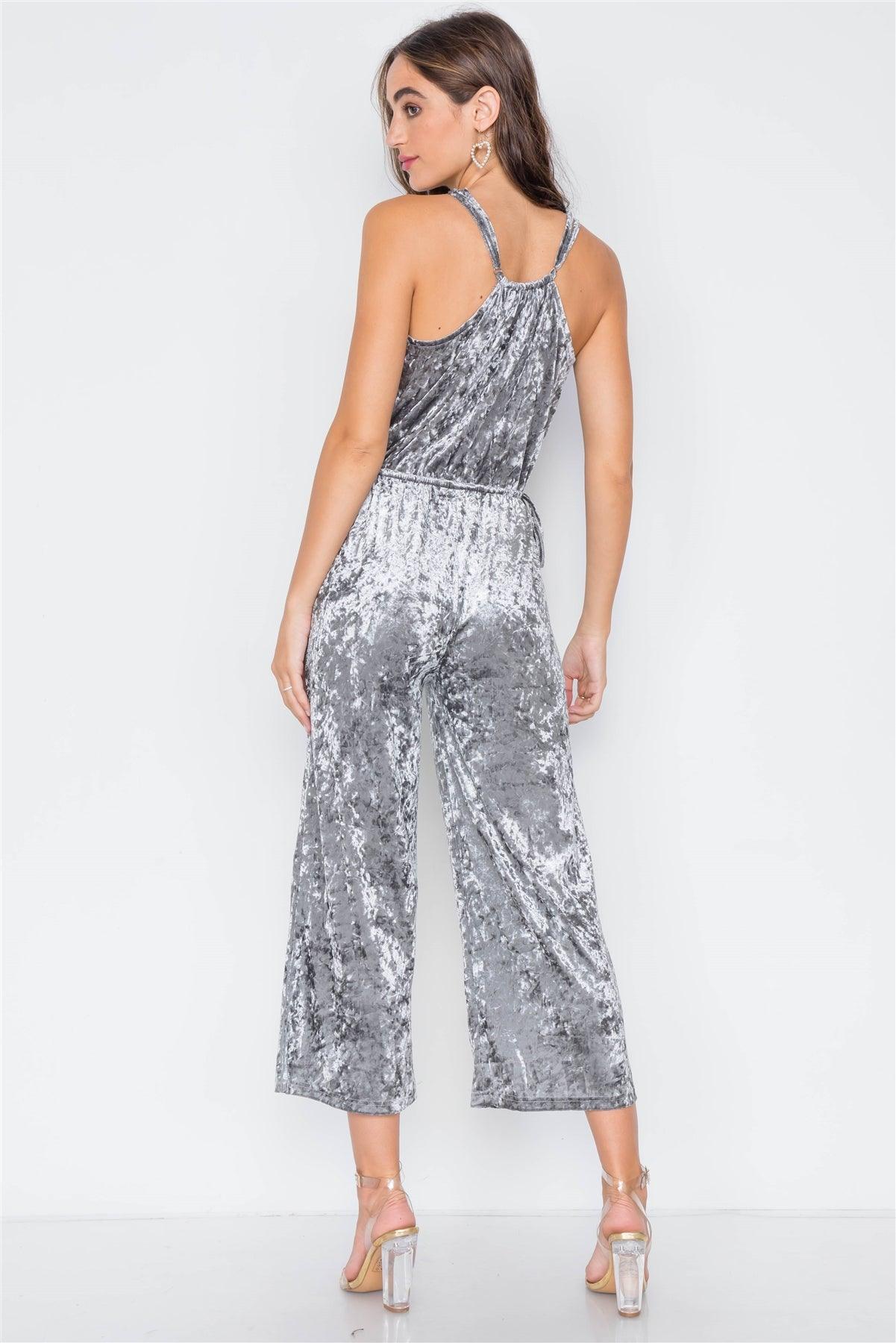 Moon Dust Crushed Velvet V-neck Wide Leg Jumpsuit / 3-2-1