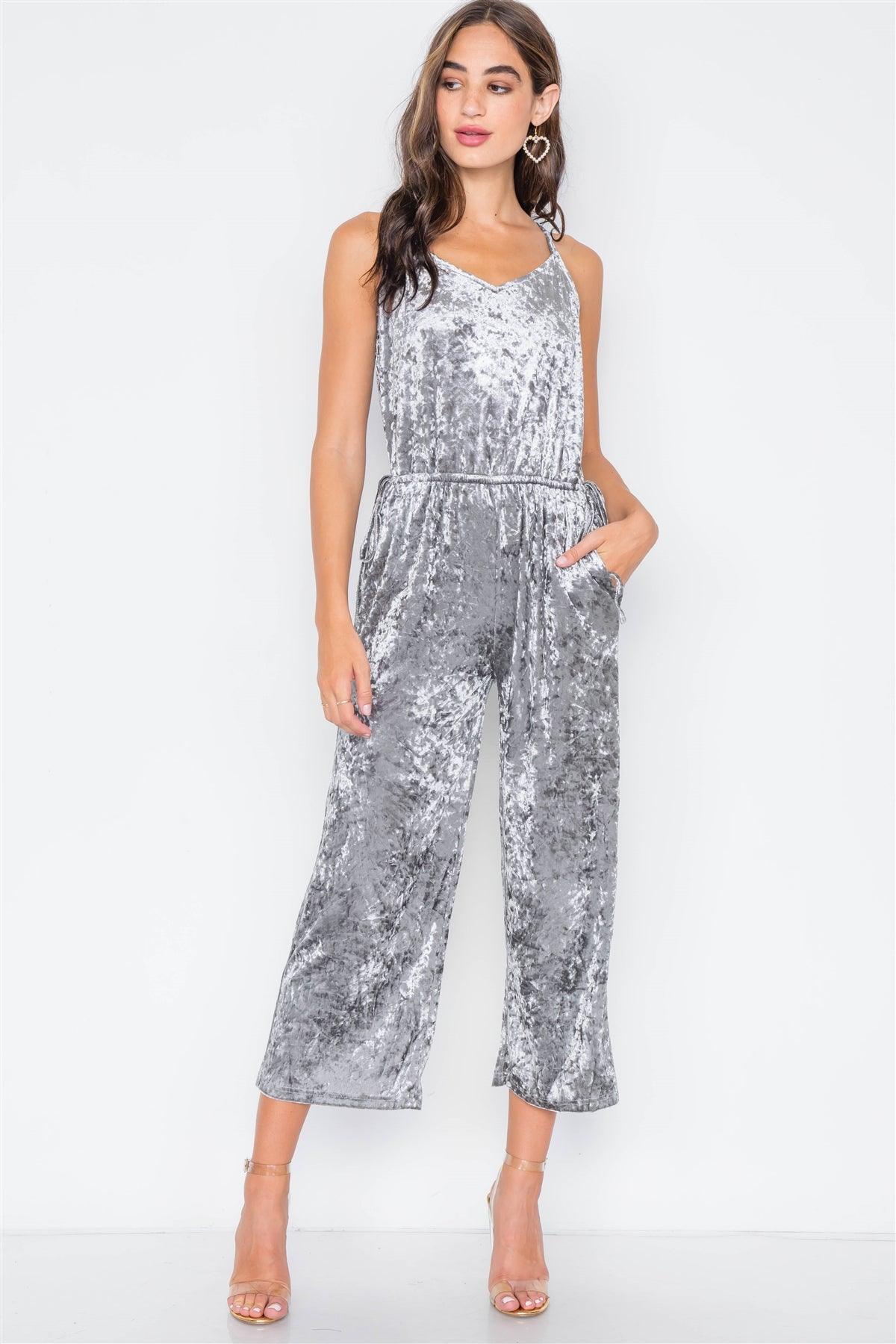 Moon Dust Crushed Velvet V-neck Wide Leg Jumpsuit / 3-2-1