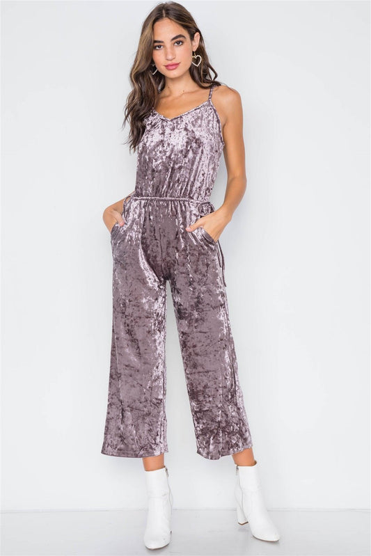 Sage Purple Crushed Velvet V-neck Wide Leg Jumpsuit / 3-2-1