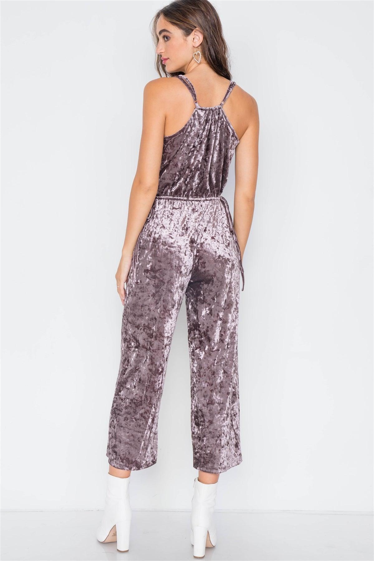 Sage Purple Crushed Velvet V-neck Wide Leg Jumpsuit / 3-2-1