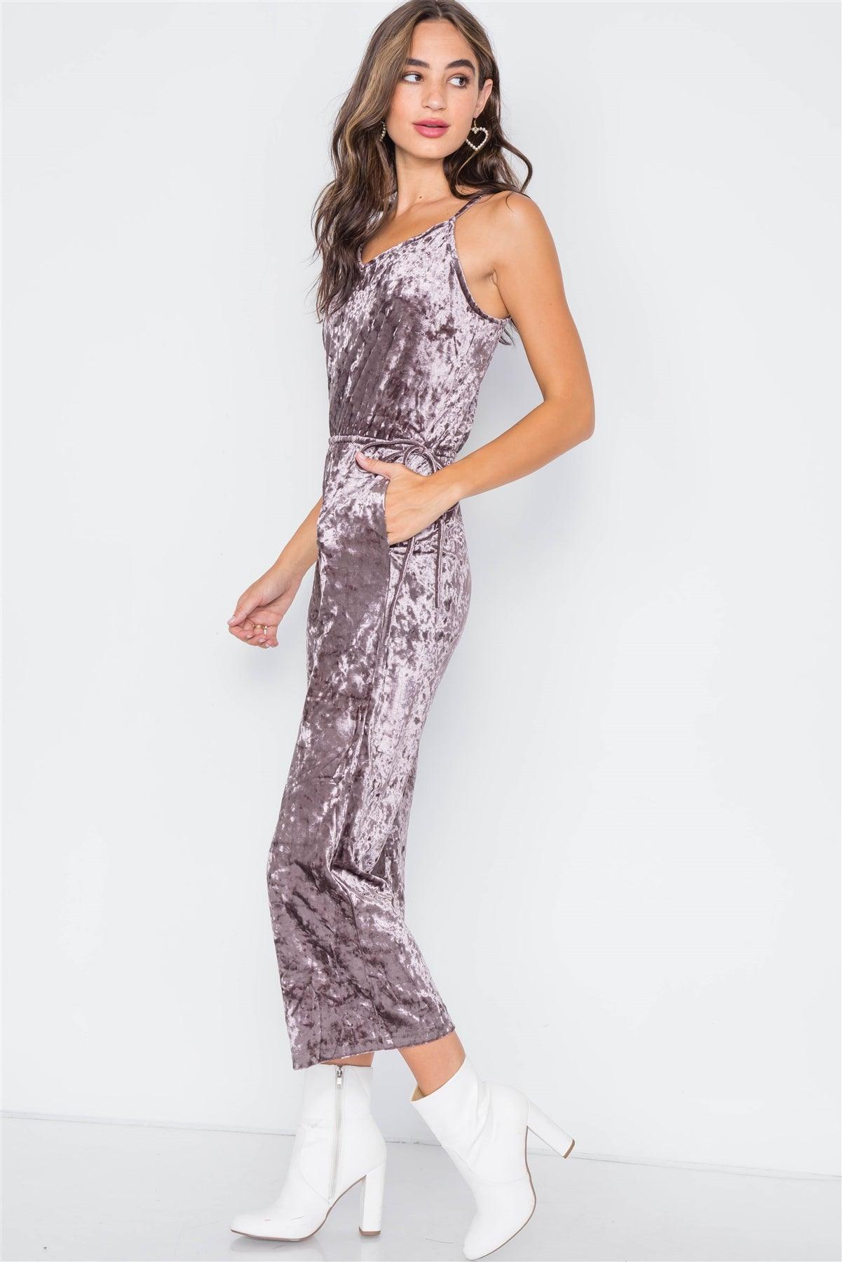 Sage Purple Crushed Velvet V-neck Wide Leg Jumpsuit / 3-2-1