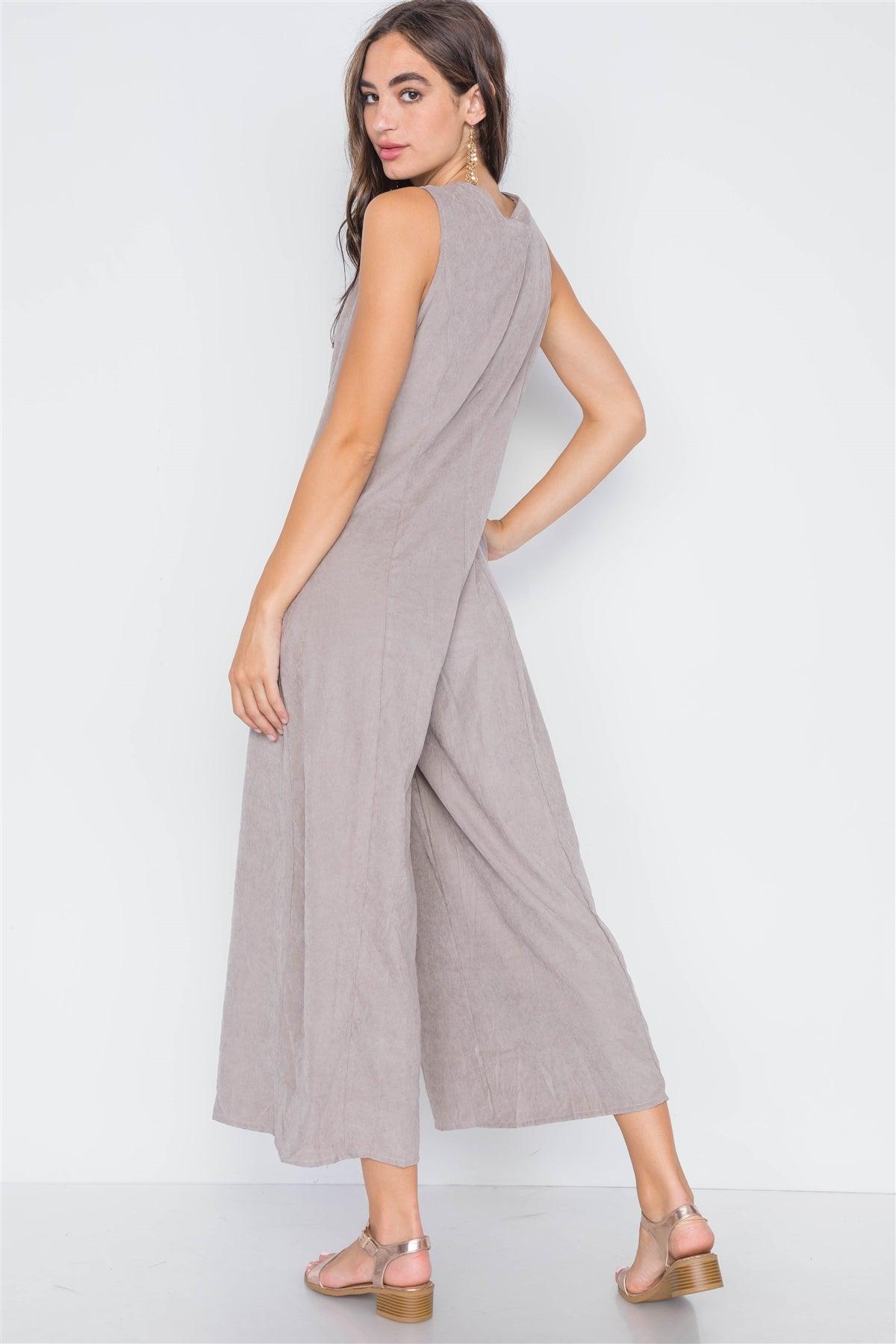 Taupe Crushed Button-Front Wide Leg Jumpsuit /3-2-1