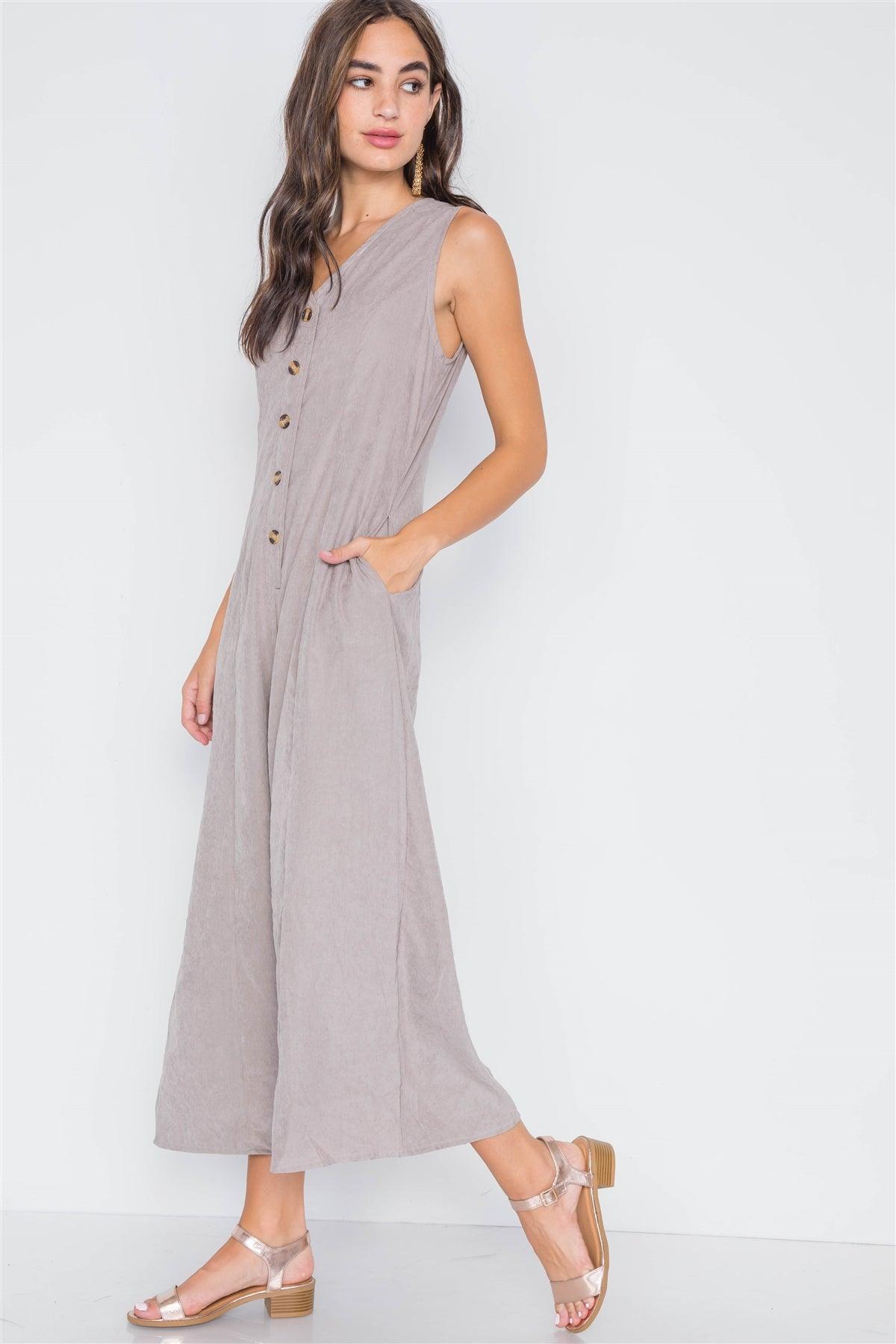 Taupe Crushed Button-Front Wide Leg Jumpsuit /3-2-1