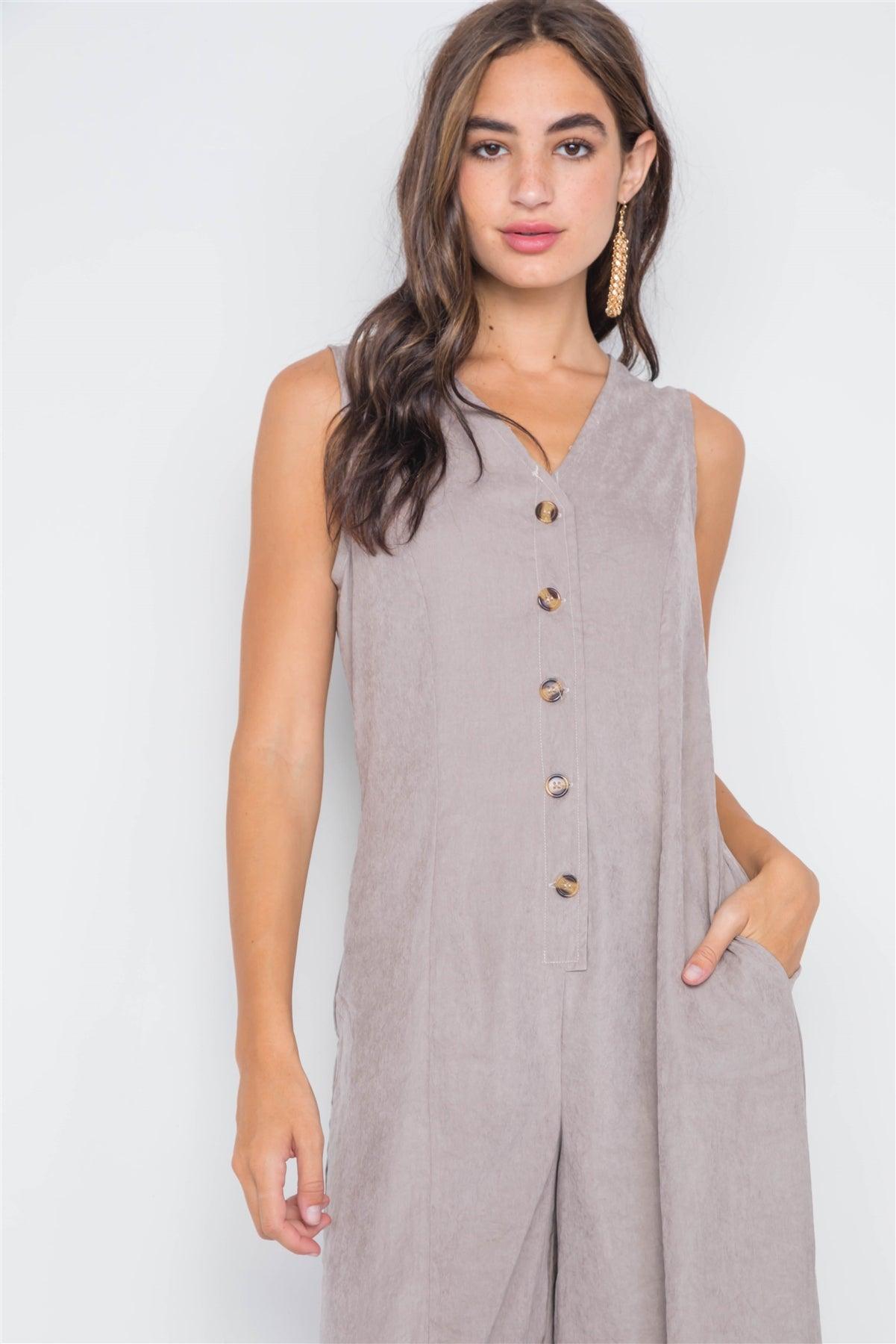 Taupe Crushed Button-Front Wide Leg Jumpsuit /3-2-1