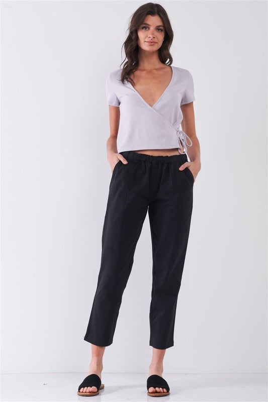 Black Mid-Rise Elasticated Waist Ankle Length Pants /3-2-1