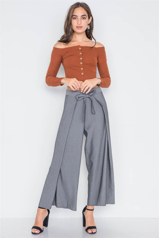 Ash Grey High-Waist Front-Tie Wide Leg Pants /3-2-1