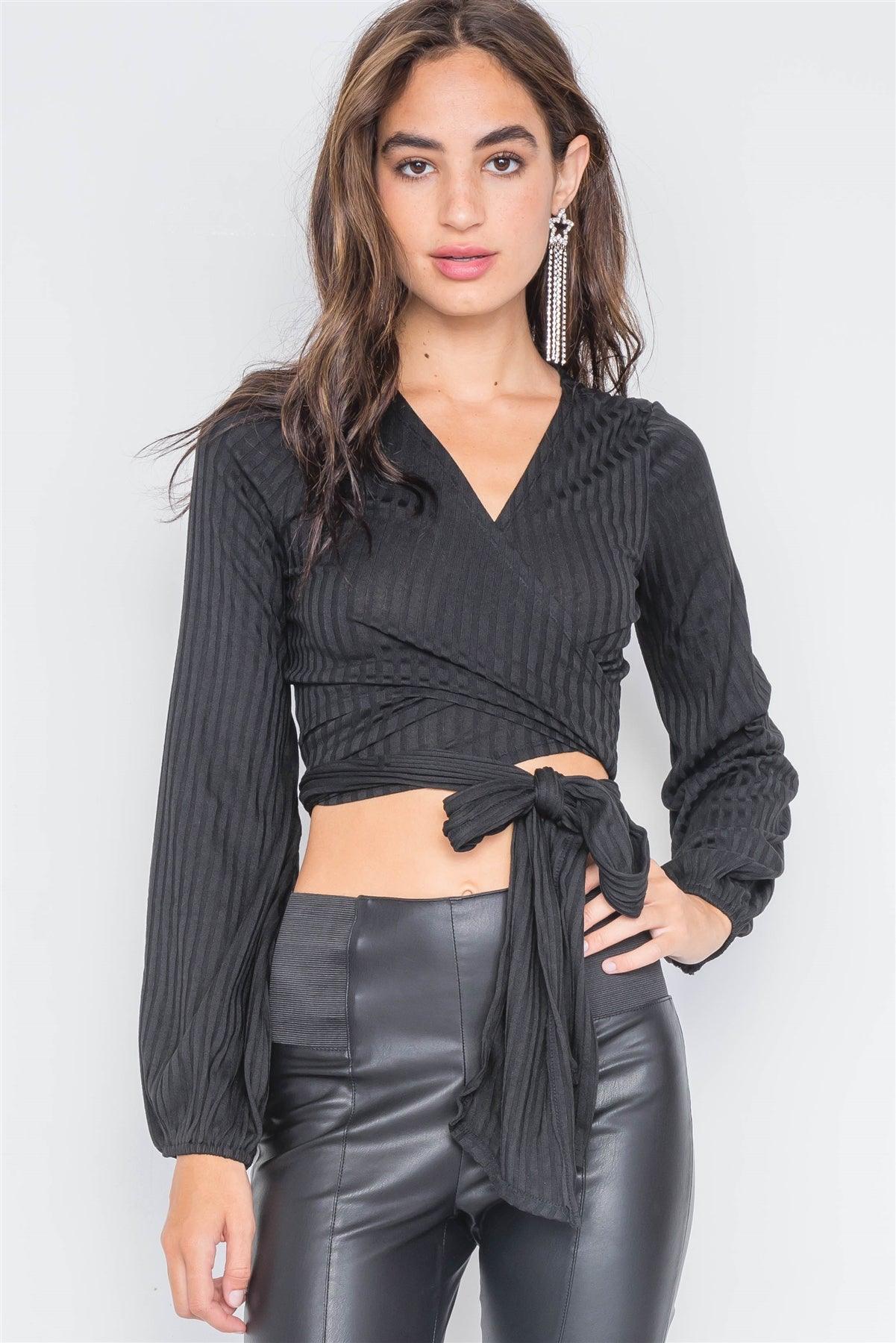 Black Ribbed Long Sleeve Wrap Knit Crop Top /3-2-1