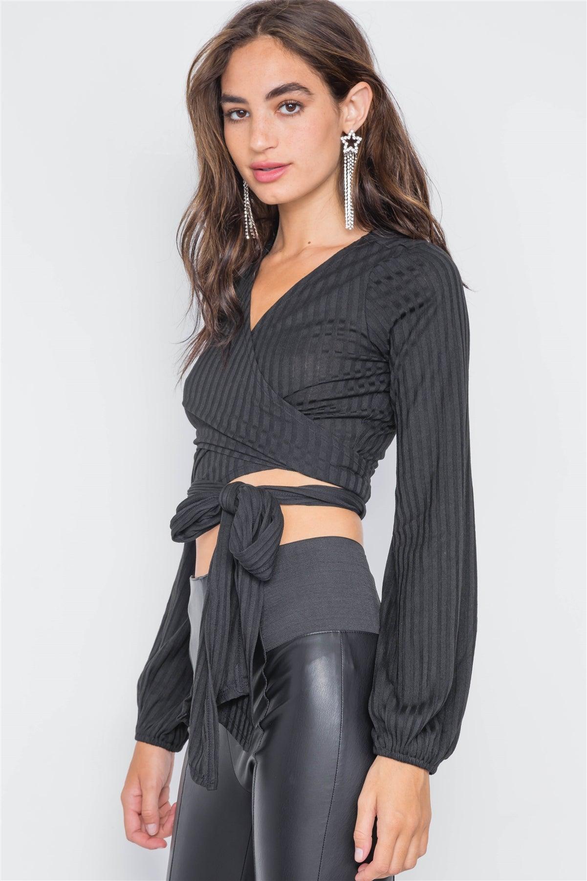 Black Ribbed Long Sleeve Wrap Knit Crop Top /3-2-1