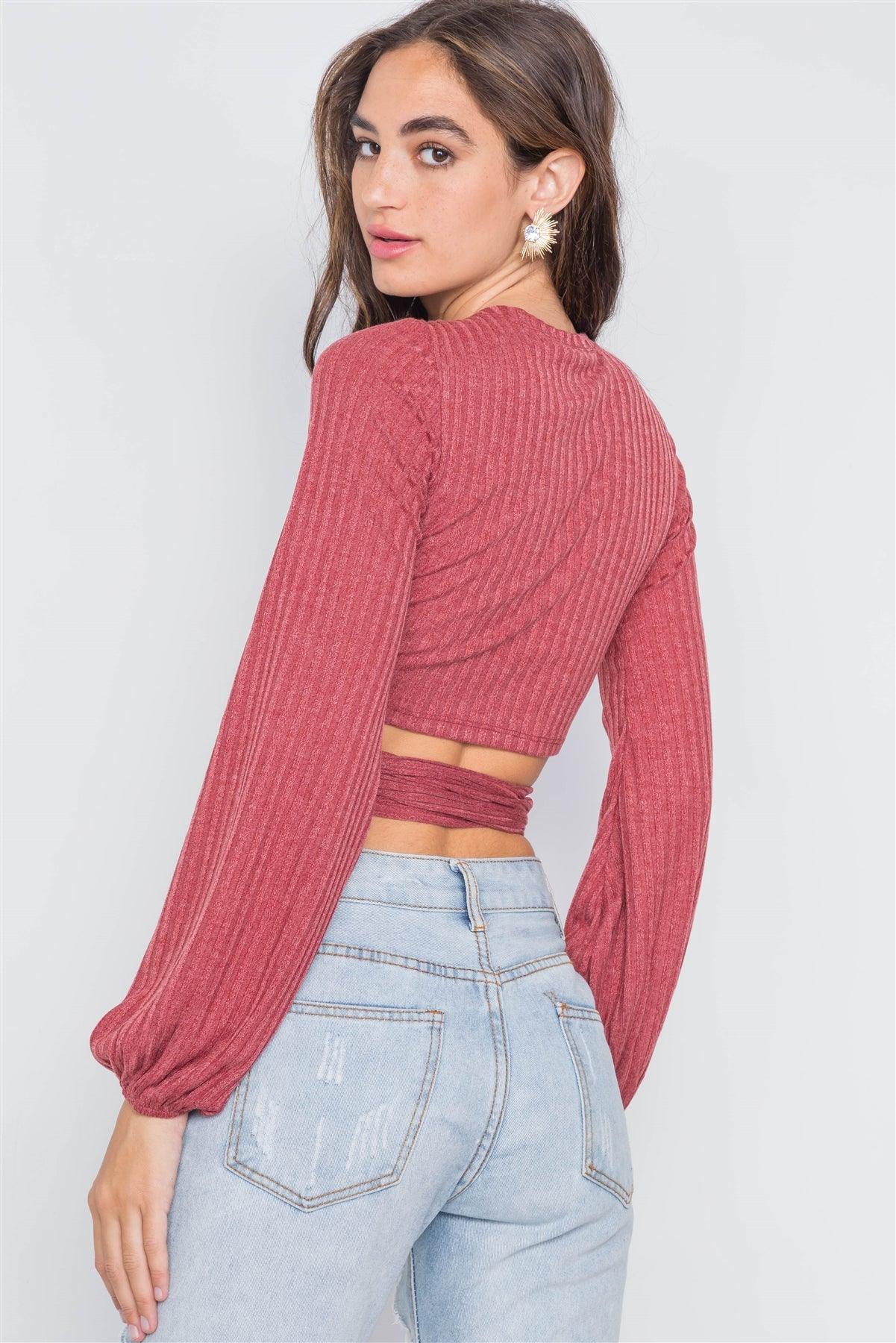 Cardinal Ribbed Long Sleeve Wrap Knit Crop Top /3-2-1