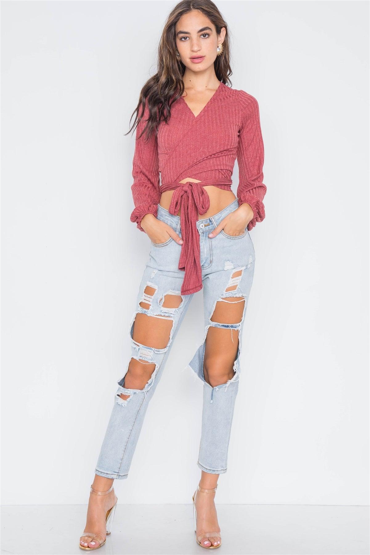 Cardinal Ribbed Long Sleeve Wrap Knit Crop Top /3-2-1