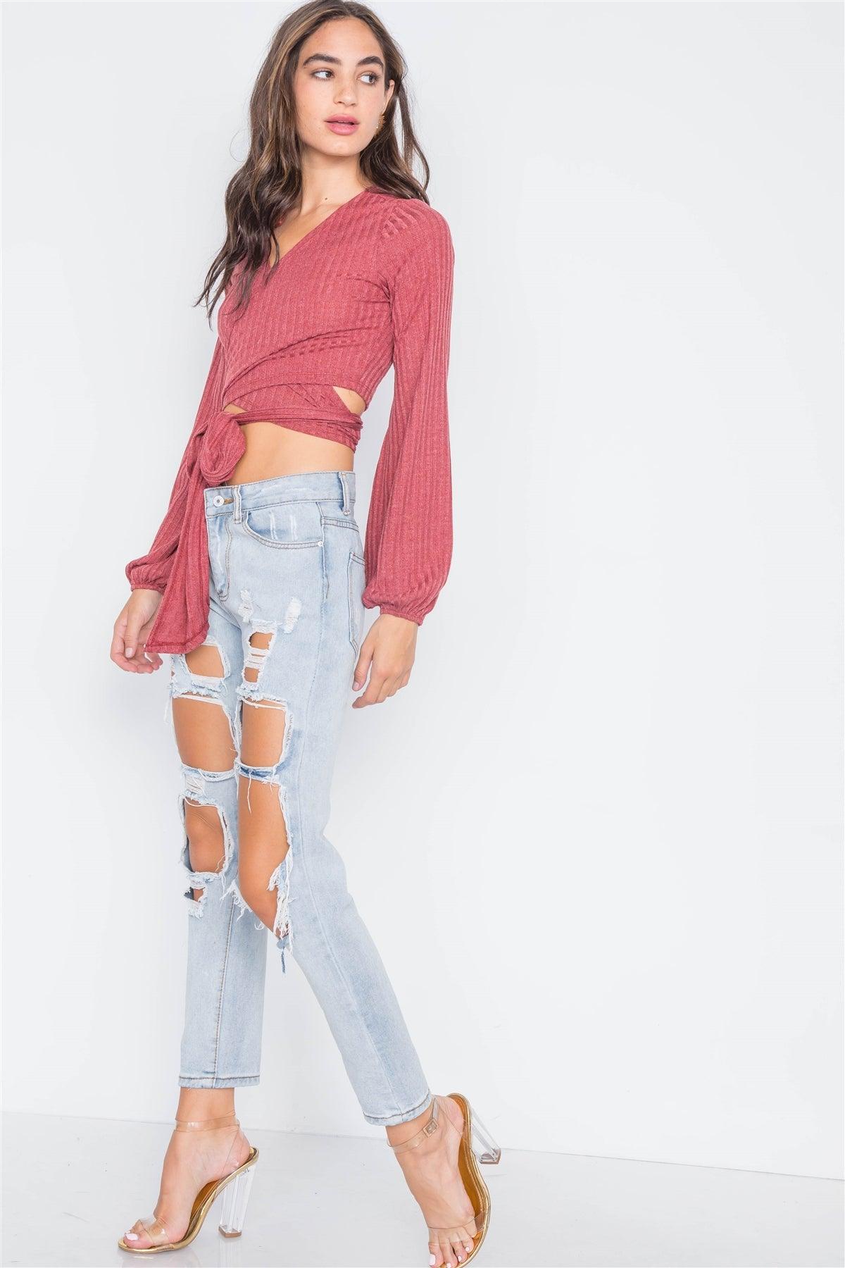 Cardinal Ribbed Long Sleeve Wrap Knit Crop Top /3-2-1