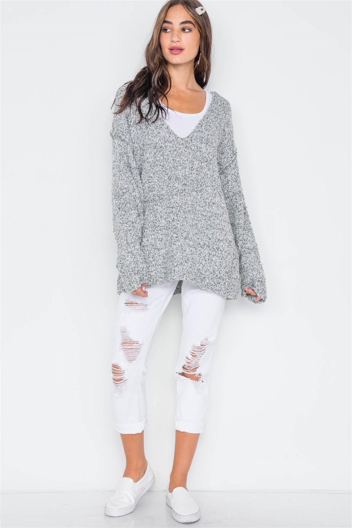 Dry Thyme Heathered Knit Long Sleeve Sweater /4-2