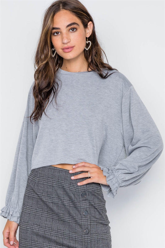 Heather Grey Ruffle Cuffs Crop Sweater Top / 3-2-1