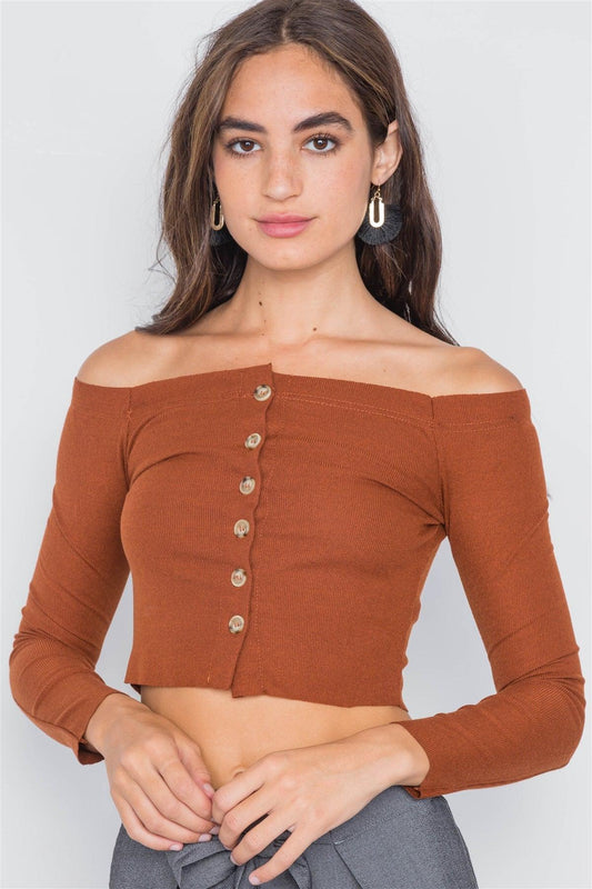 Copper Ribbed Knit Off-The-Shoulder Crop Top /3-2-1