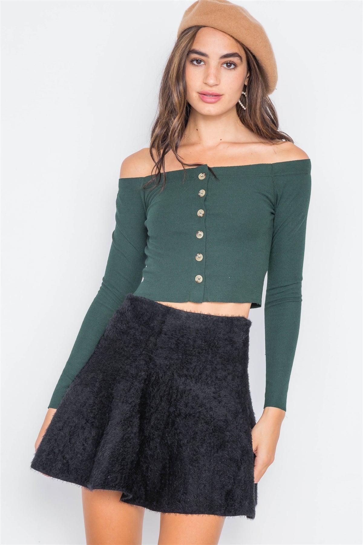 Hunter Green Ribbed Knit Off-The-Shoulder Crop Top /3-2-1