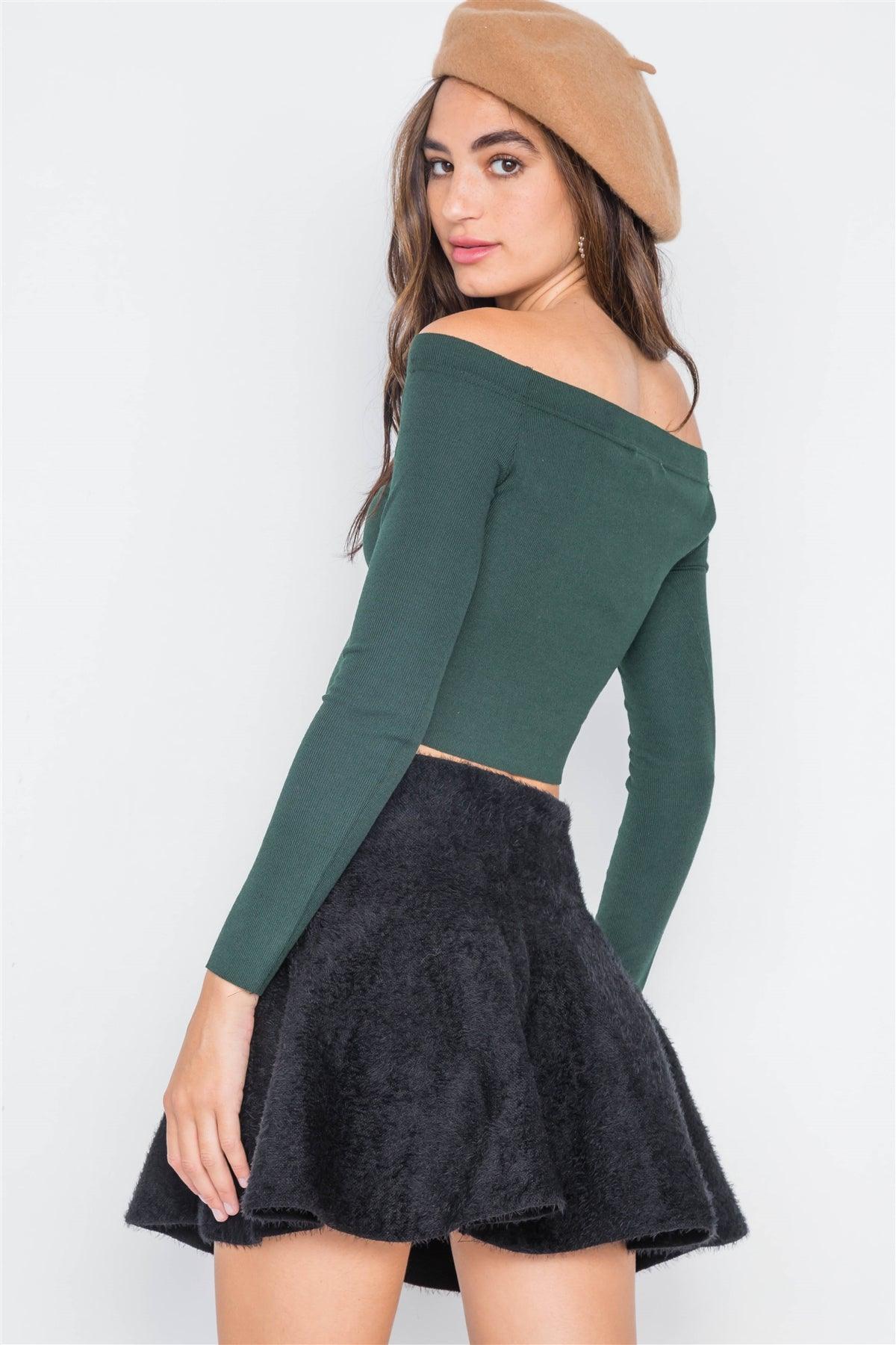 Hunter Green Ribbed Knit Off-The-Shoulder Crop Top /3-2-1