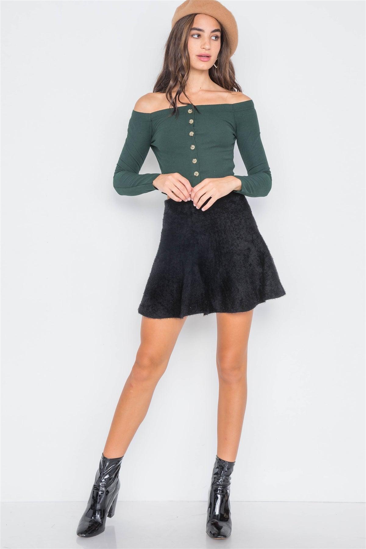 Hunter Green Ribbed Knit Off-The-Shoulder Crop Top /3-2-1