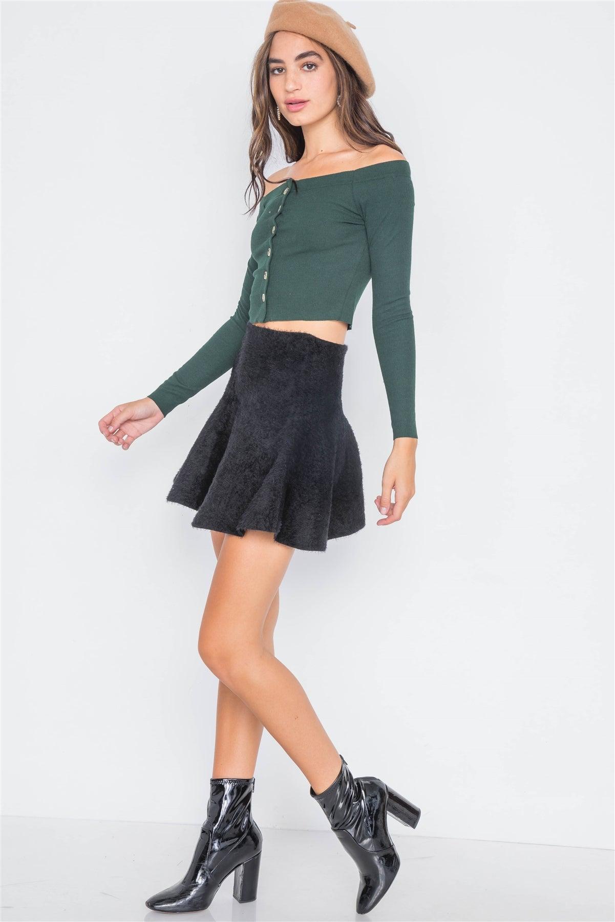 Hunter Green Ribbed Knit Off-The-Shoulder Crop Top /3-2-1