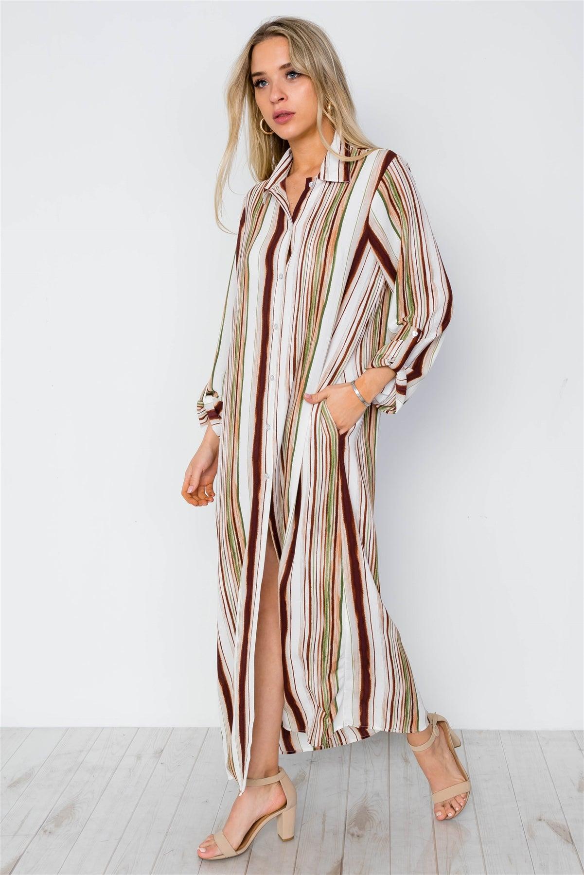 Brown Stripe Long Sleeve Button Down Shirt Dress / 2-2-2