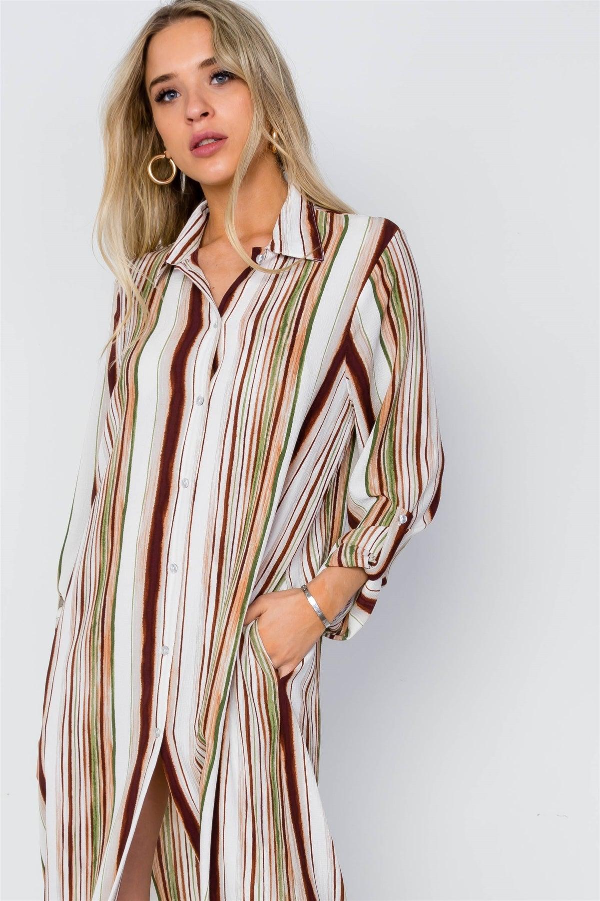 Brown Stripe Long Sleeve Button Down Shirt Dress / 2-2-2