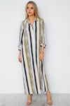 White Mustard Stripe Long Sleeve Button Down Shirt Dress / 2-2-2