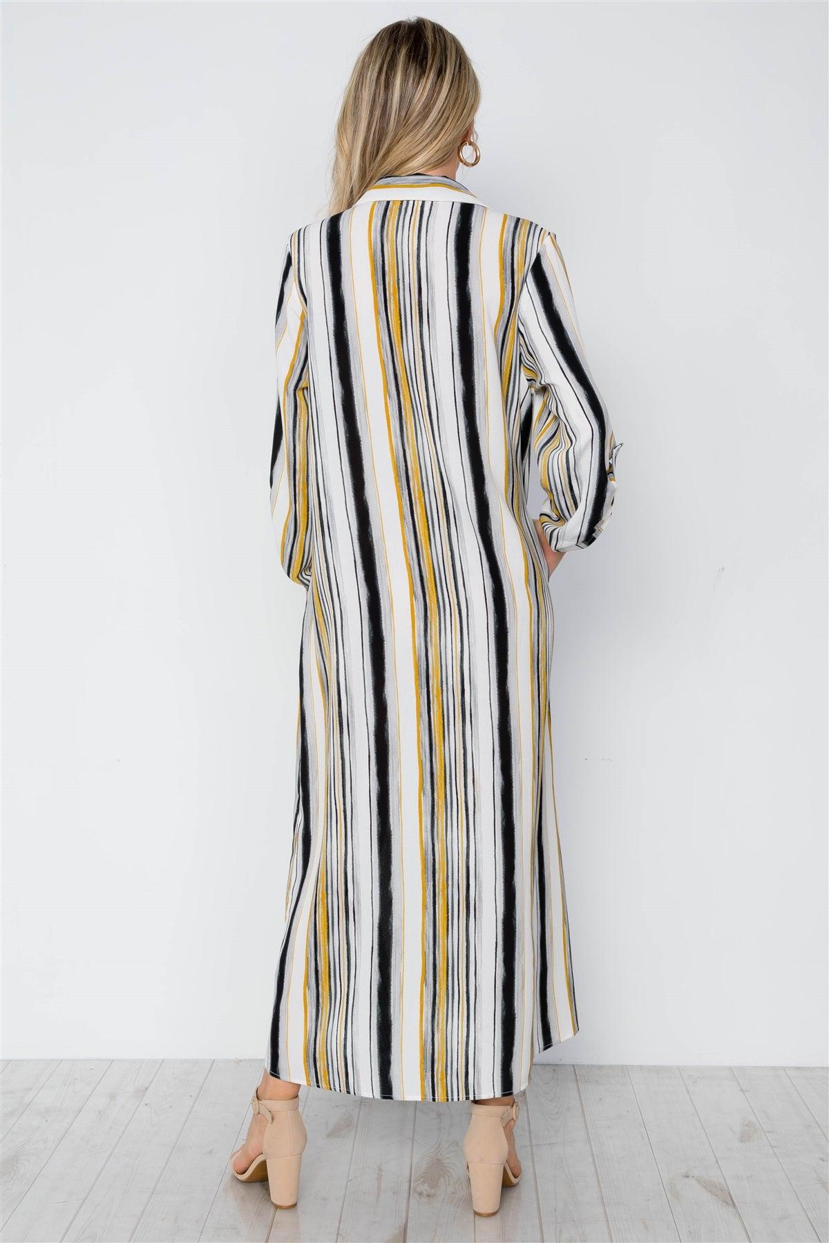 White Mustard Stripe Long Sleeve Button Down Shirt Dress / 2-2-2