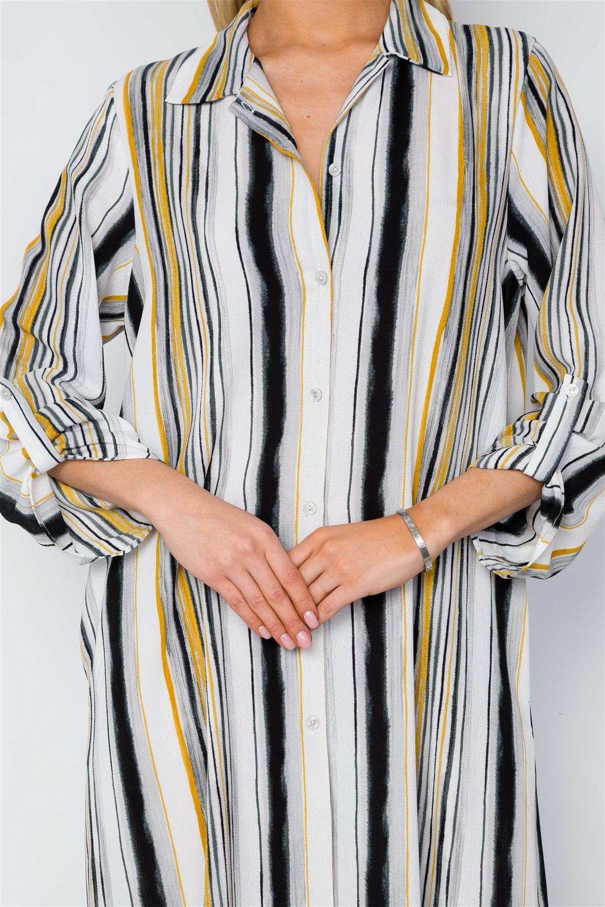 White Mustard Stripe Long Sleeve Button Down Shirt Dress / 2-2-2