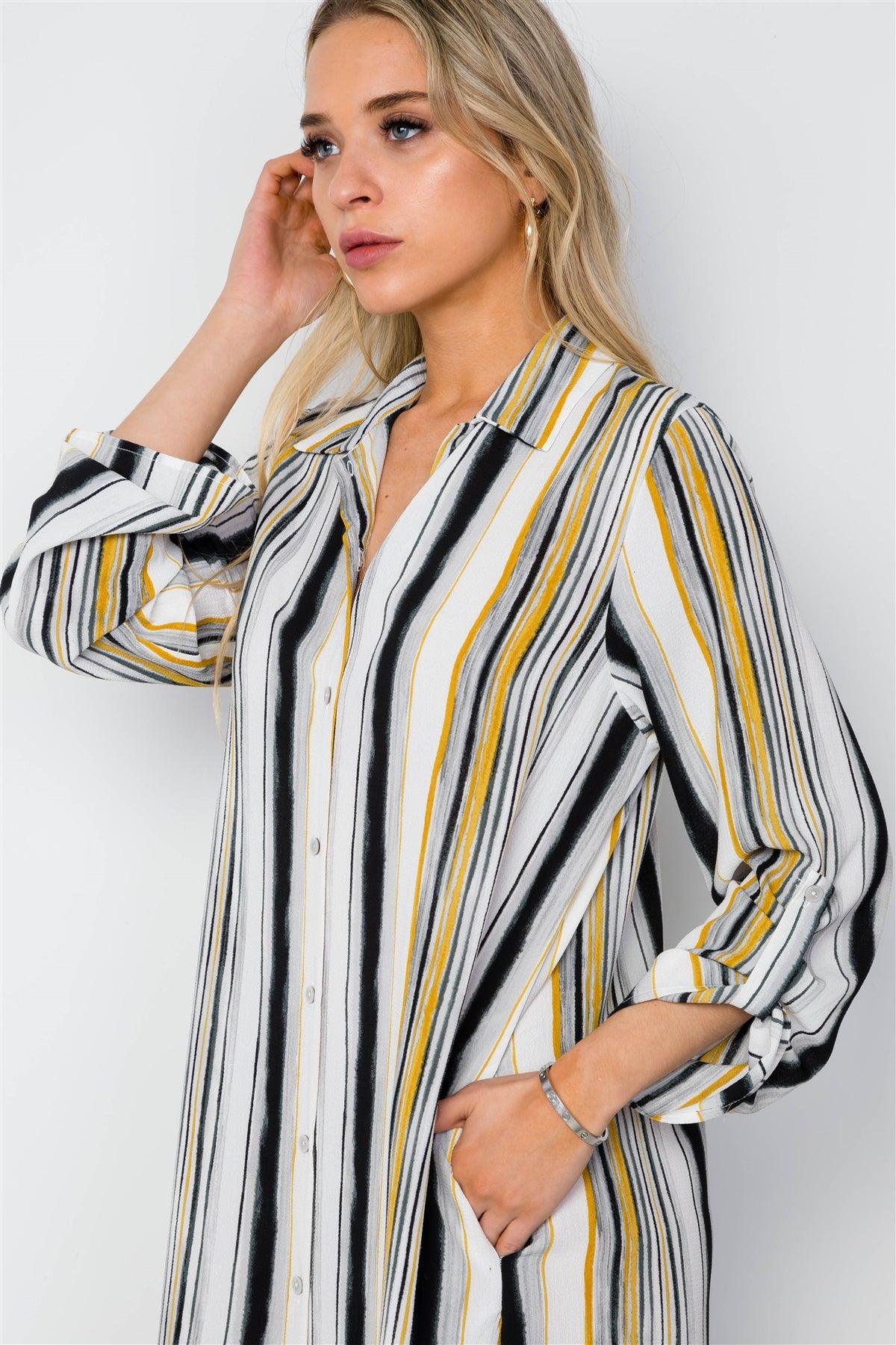 White Mustard Stripe Long Sleeve Button Down Shirt Dress / 2-2-2