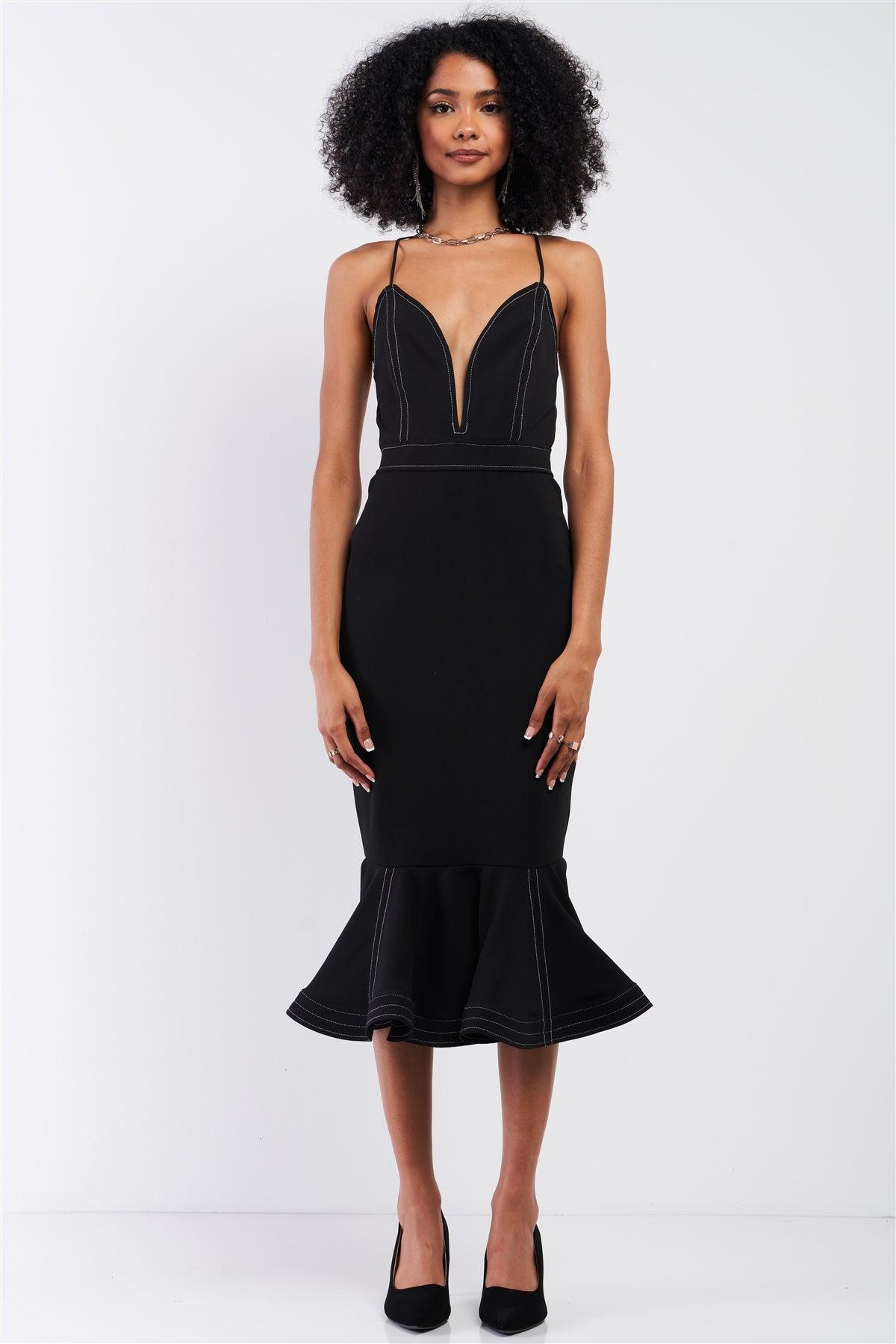 Black Sleeveless Deep V-Neck Mermaid Tail Flare Hem Midi Dress /3-2-1