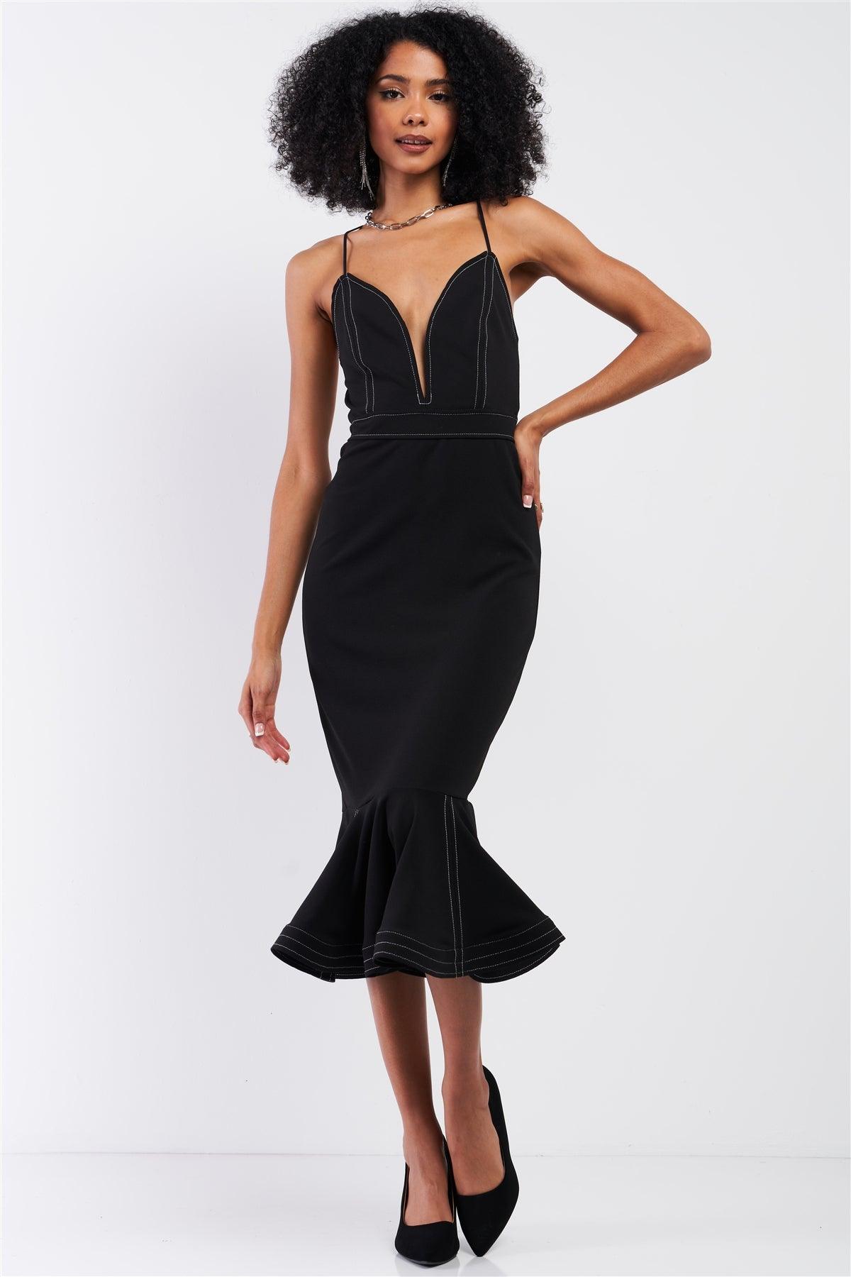 Black Sleeveless Deep V-Neck Mermaid Tail Flare Hem Midi Dress /3-2-1