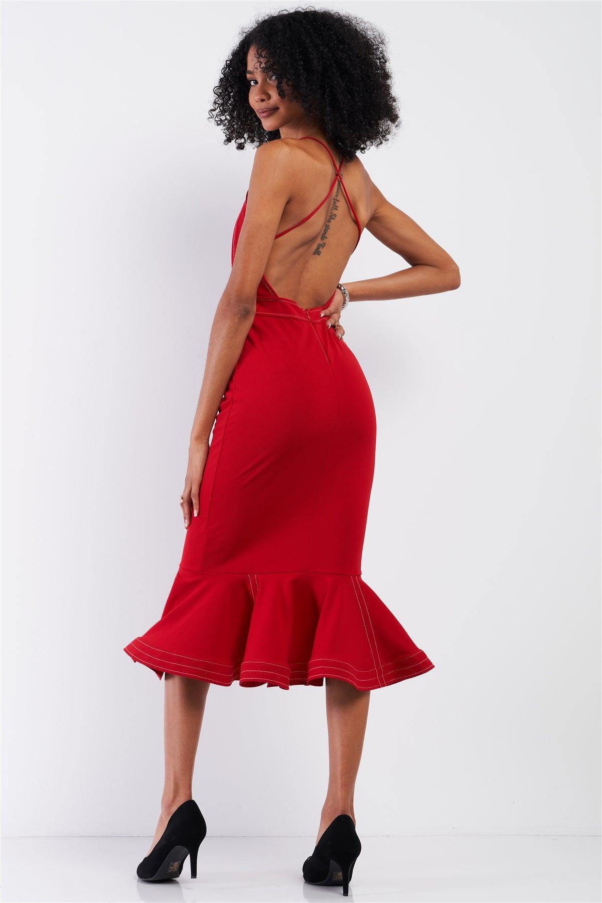 Red Sleeveless Deep V-Neck Mermaid Tail Flare Hem Midi Dress /3-2-1
