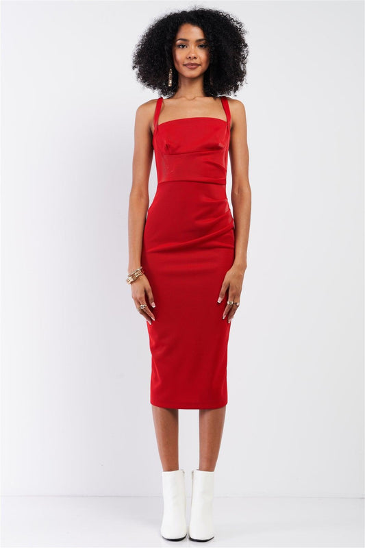 Red Sleeveless Square Neck Back Slit Detail Fitted Midi Dress