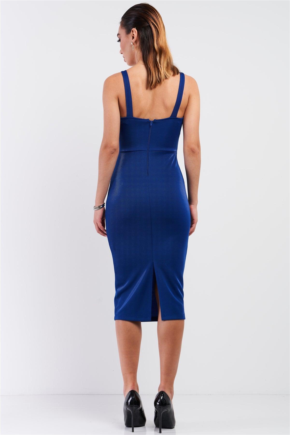 Royal Blue Sleeveless Square Neck Back Slit Detail Fitted Midi Dress /3-2-1